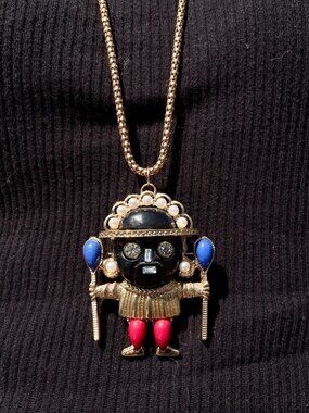Kenneth Jay Lane Black Medicine Man Tribal Pendant Necklace Aztec Warrior 80s